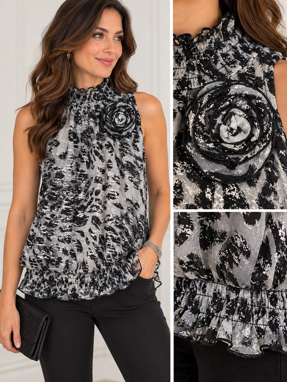 Black Silver Foil Animal Print Ruffle Neck Top - XL